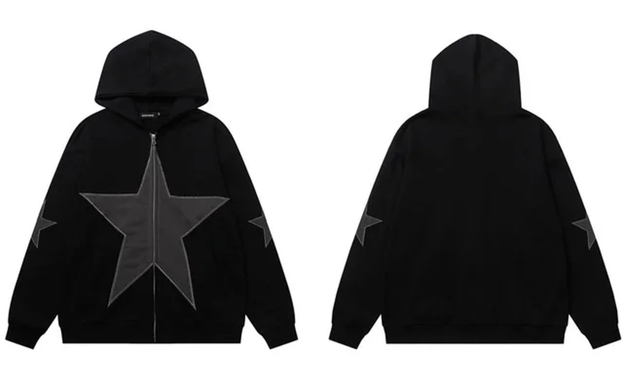 Hip Hop Zip up Hoodie Jacket Y2K Grunge Vintage Star Patch Punk Gothic Loose Hooded Sweatshirt Coat Cotton Streetwear