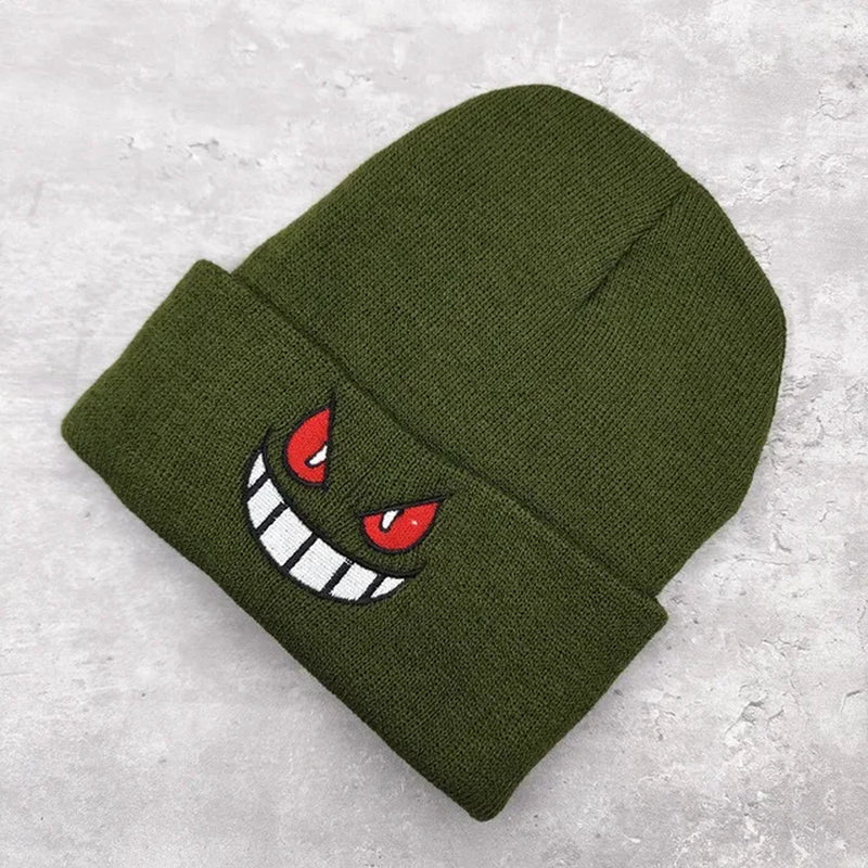 Winter Outdoor Beanie Cartoon Embroidery Big Mouth Red Eyes Embroidery Knitted Hat Pullover Warm Woolen Hat