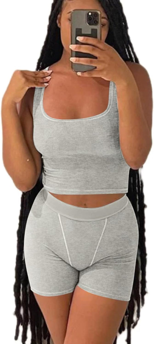 Casual Workout Sets Two Piece Outfits for Women Ribbed Crop Tank Top High Waist Leggings Active Wear