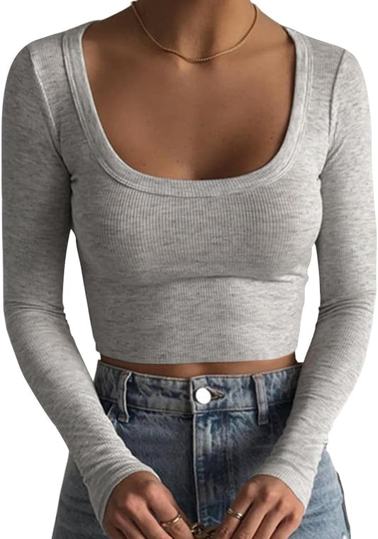 Women'S Square Neck Long Sleeve Ribbed Slim Fitted Casual Basic Crop Top