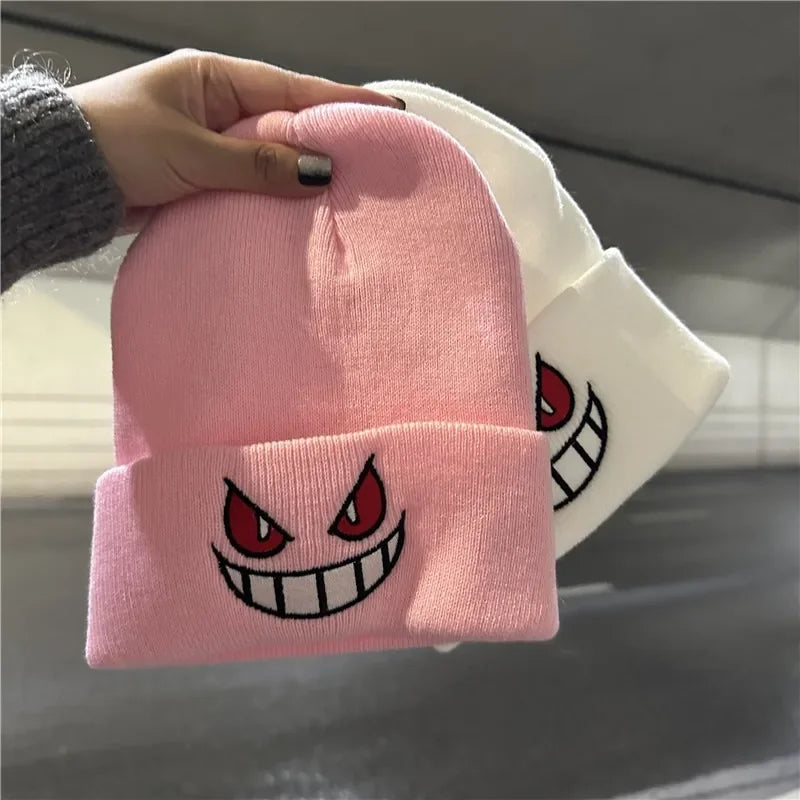 Winter Outdoor Beanie Cartoon Embroidery Big Mouth Red Eyes Embroidery Knitted Hat Pullover Warm Woolen Hat