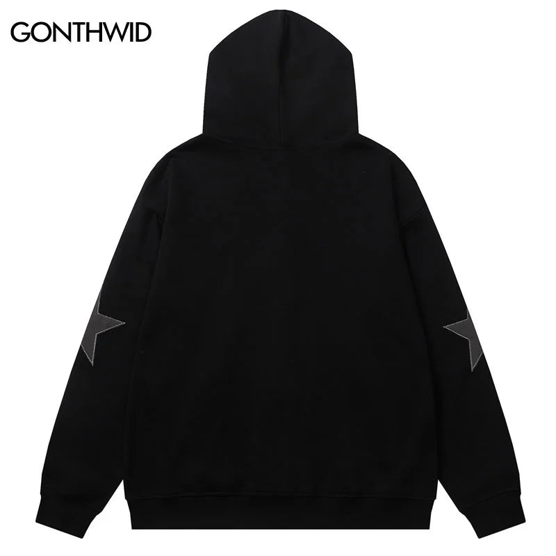 Hip Hop Zip up Hoodie Jacket Y2K Grunge Vintage Star Patch Punk Gothic Loose Hooded Sweatshirt Coat Cotton Streetwear